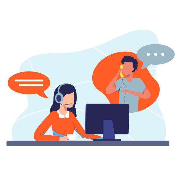 A vector image. Woman with headset white computer. Speech bubble above her. A man next to her, speech bubble coming from him.